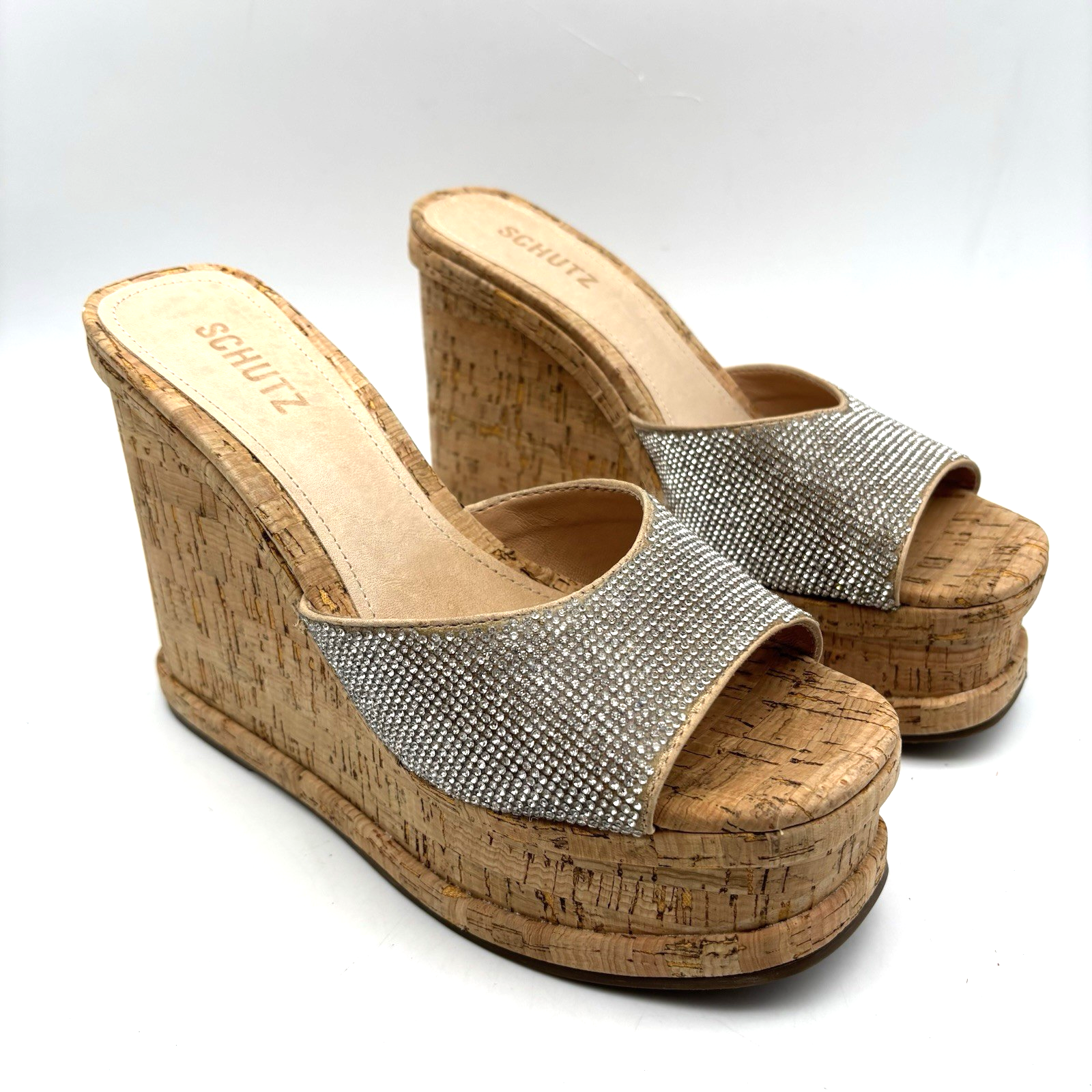 Schutz DALLE Crystal Embellished Slip On Platform Cork Wedge Sandals 8.5B $158