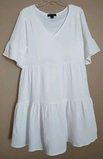 New Perceptions NY White Summer Casual Tiered Dress L Bell Sleeve V-Neck Lined