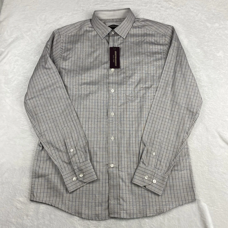 Camisa de vestir Johnston & Murphy para hombre pequeña gris con cuadros marrón-azul marino ¡NUEVA CON ETIQUETAS! Foto 4 de 4