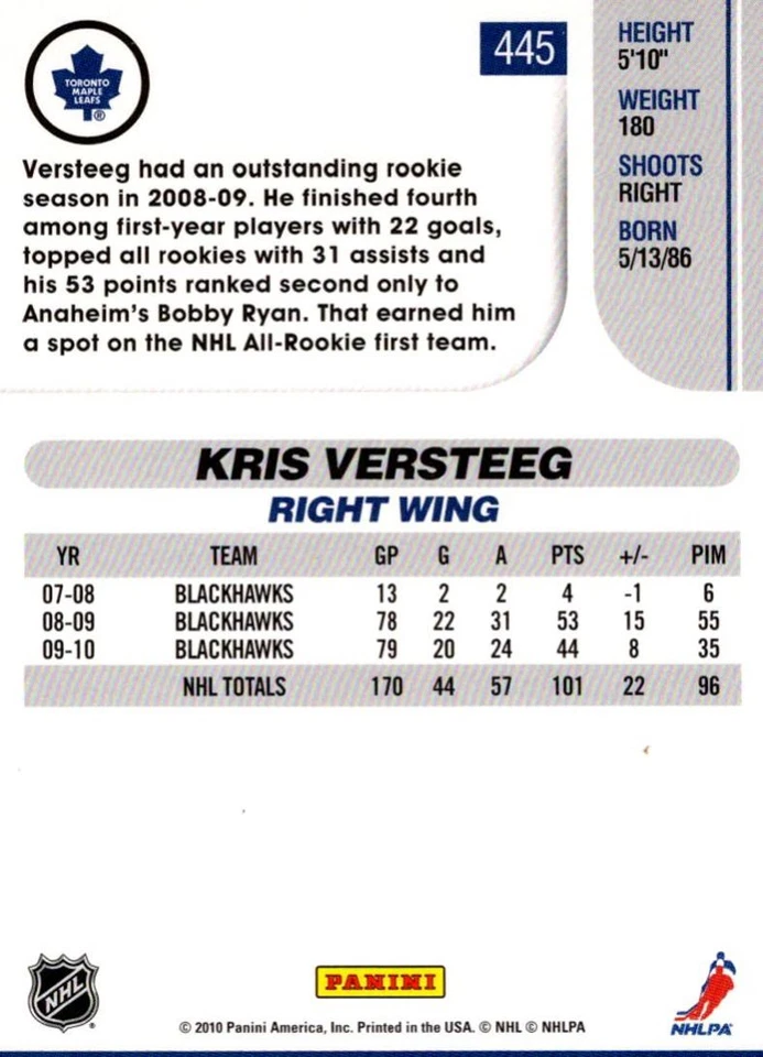 2010-11 Score Kris Versteeg Toronto Maple Leafs #445 - Image 2 of 2