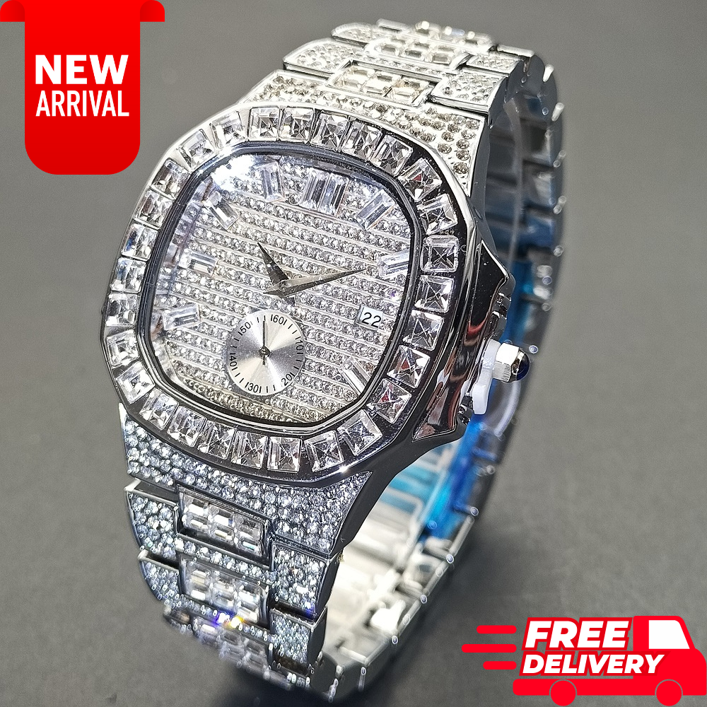 Men Silver Diamond Watch Analog Quartz Stainless Steel  display picture 3
