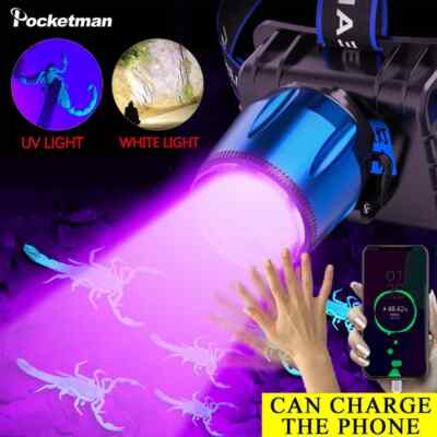 100000LM UV LED Headlamp Rechargeable Torch Flashlight Violet/White Headlight