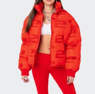 Edikted Red Monogram Puffer Jacket Womens Size M