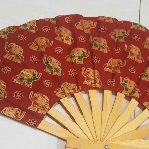Folding Red Elephant Hand Wooden Painted Thai Fan Vintage Home Decore - Picture 4 of 7