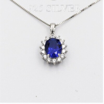 Saphir Anhänger mit Kette Silber925, Prinzessin Diana Silberschmuck Geschenk