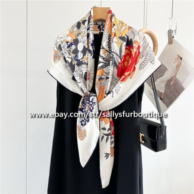 Sallys Boutique Pure Mulberry Silk Wrap Shawl Flowers Print Square Scarf 110cm