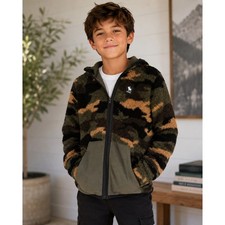 Abercrombie Kids Camo Sherpa Fleece Full Zip Hoodie Jacket Green Brown 15/16
