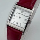 Emporio Armani Quartz Watch Women Silver Steel Square Leather Analog New Battery