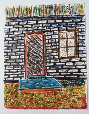 Original Marker Sketch Old Rockwork Building Helen Brown 14x11 Folk Art ca 1975