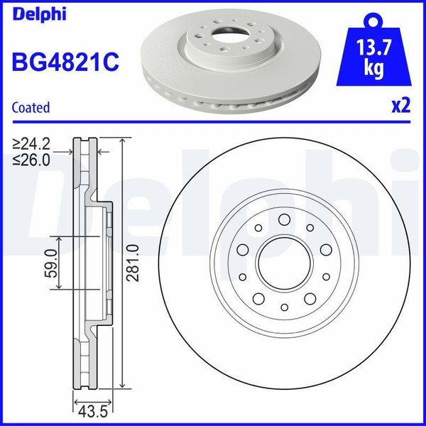 2X Delphi Bremsscheibe BG4821C FüR Fiat-image