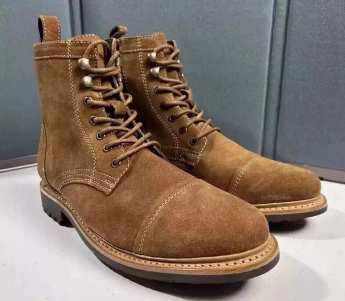 Frye Russell Tan Leather Suede Cap Toe Boots Lace / Side Zip Closure Sz … Frye Frye & Co Russell LaceUp Suede Boots Side Zipper Men Sz  main image 2