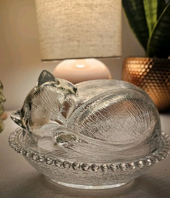 #ad Sleeping Cat on a Nest Indiana Glass Co Clear covered dish $65.95