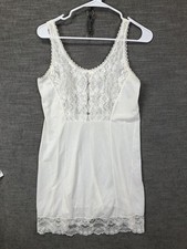 Vintage Kom Slip Womens M White Lace Nylon Full Sheer Embroidered Floral Detail