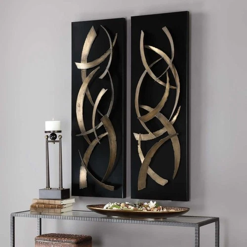 UTTERMOST 4139 BRUSHSTROKES BRUSHED GOLD ROUGH CUT METAL STRIP WALL ART SET OF 2 - Picture 3 of 5