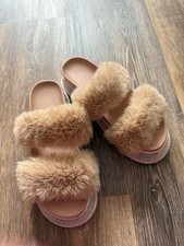 Plush Double-Band Faux Fur Slide Sandals - Camel