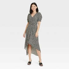 New Day Midi A-Line Dress Womens Medium Crepe Ruched Short Sleeve Floral Print