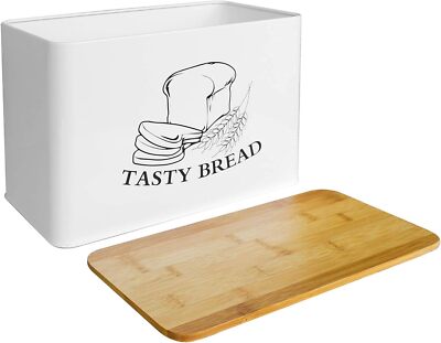 SOTECH Bread Box for Kitchen Countertop with Cutting Board Bamboo Lid White 