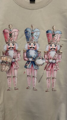 Womens Tan Nutcracker Christmas Holiday Crewneck Sweatshirt Sweater XL Oversized