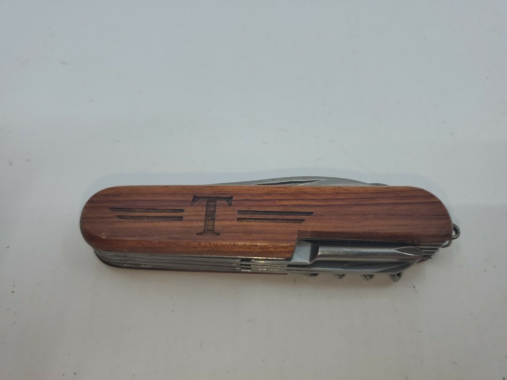 Multi-tool Pocket Knife Letter "T" Kansas Buffalo Engraved  On Wood  Handle