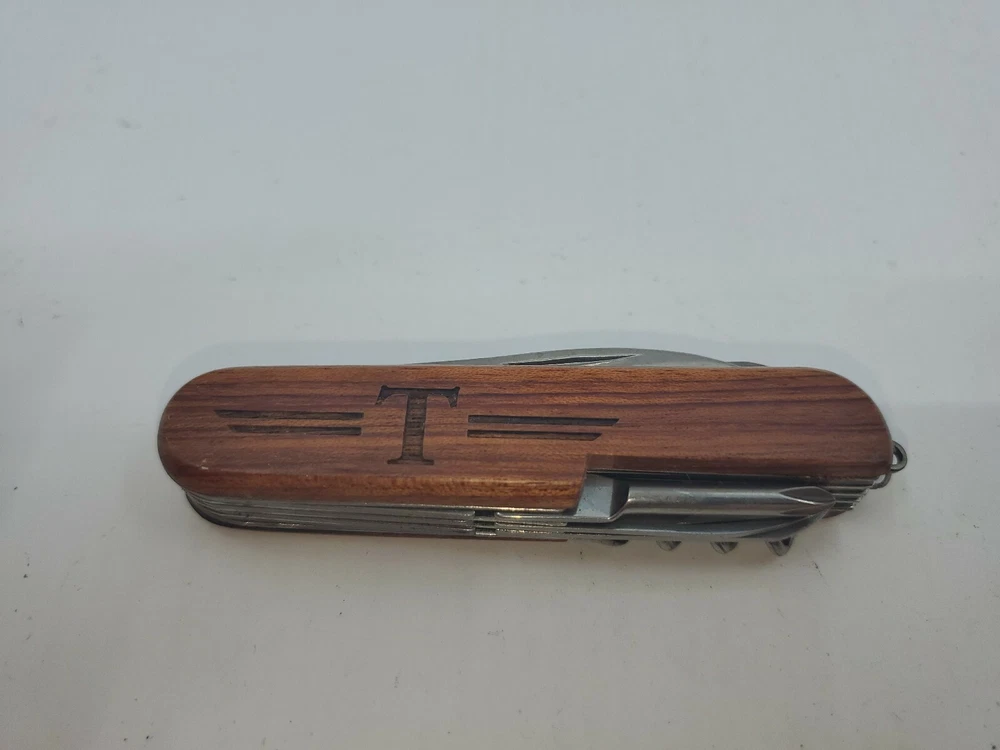 Multi-tool Pocket Knife Letter "T" Kansas Buffalo Engraved  On Wood  Handle