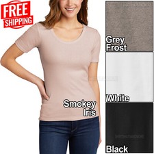 Womens Rib Scoop Neck T-Shirt Ladies Soft Blended Top Tee XS-4XL NEW 