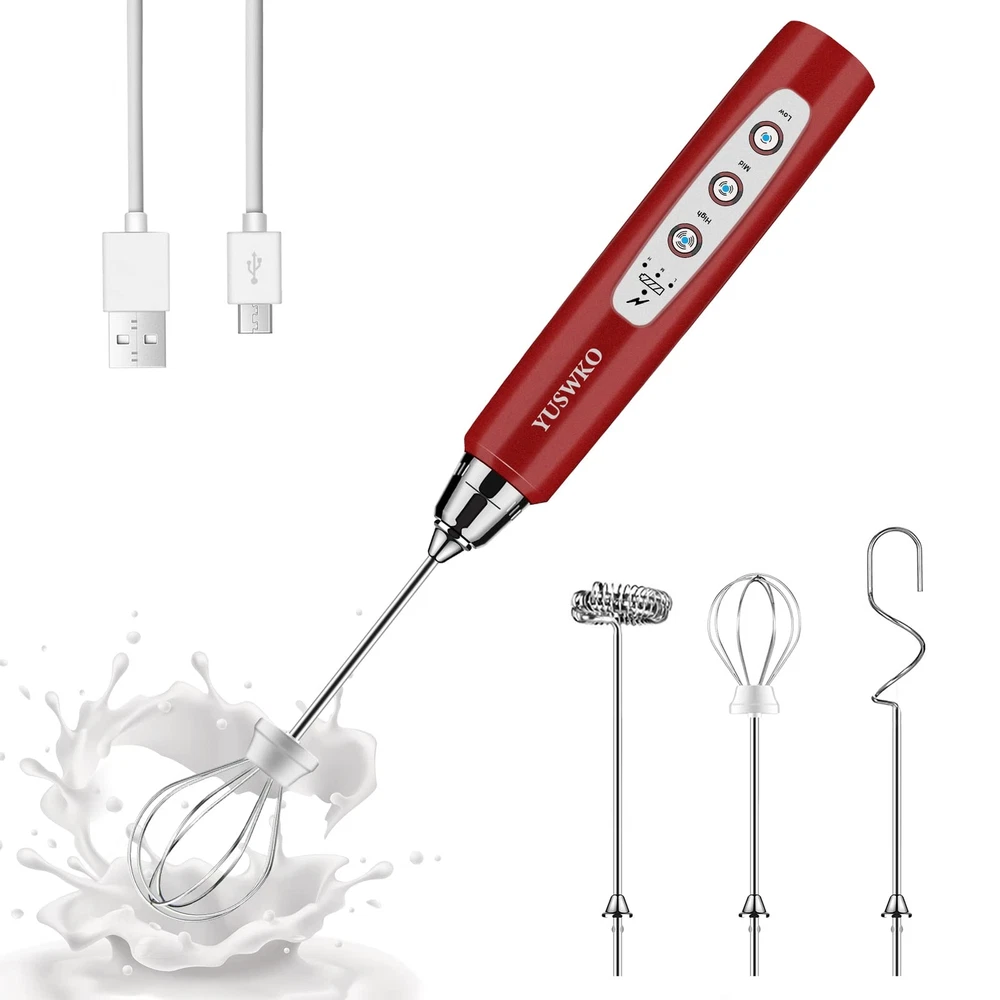 Milk Frother Handheld with 3 Heads Coffee Whisk Foam Mixer with USB Rechargea...
