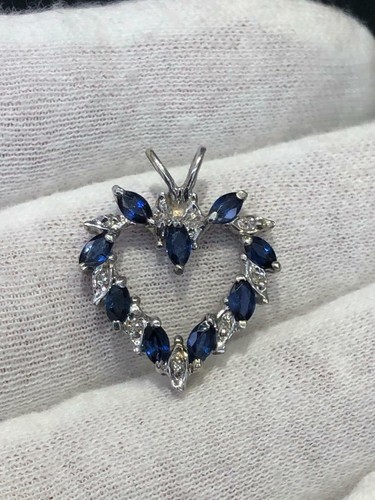 14k Oro Bianco Originale Diamanti & Zaffiro Blu Pendente a Cuore Aperto 1.45ct - Foto 11 di 12