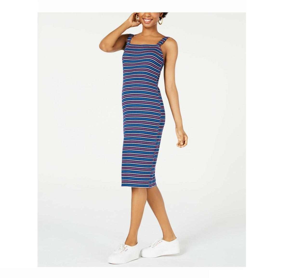 Ultra Flirt Junior Women L Navy Striped Bodycon Casual Dress NWT