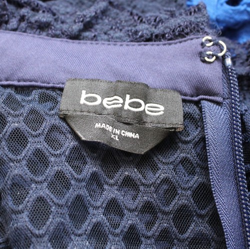 Bebe Navy Blue Ruffle Mesh Lace Mock Neck Dress Size XL Cocktail Party Midi - Picture 3 of 6