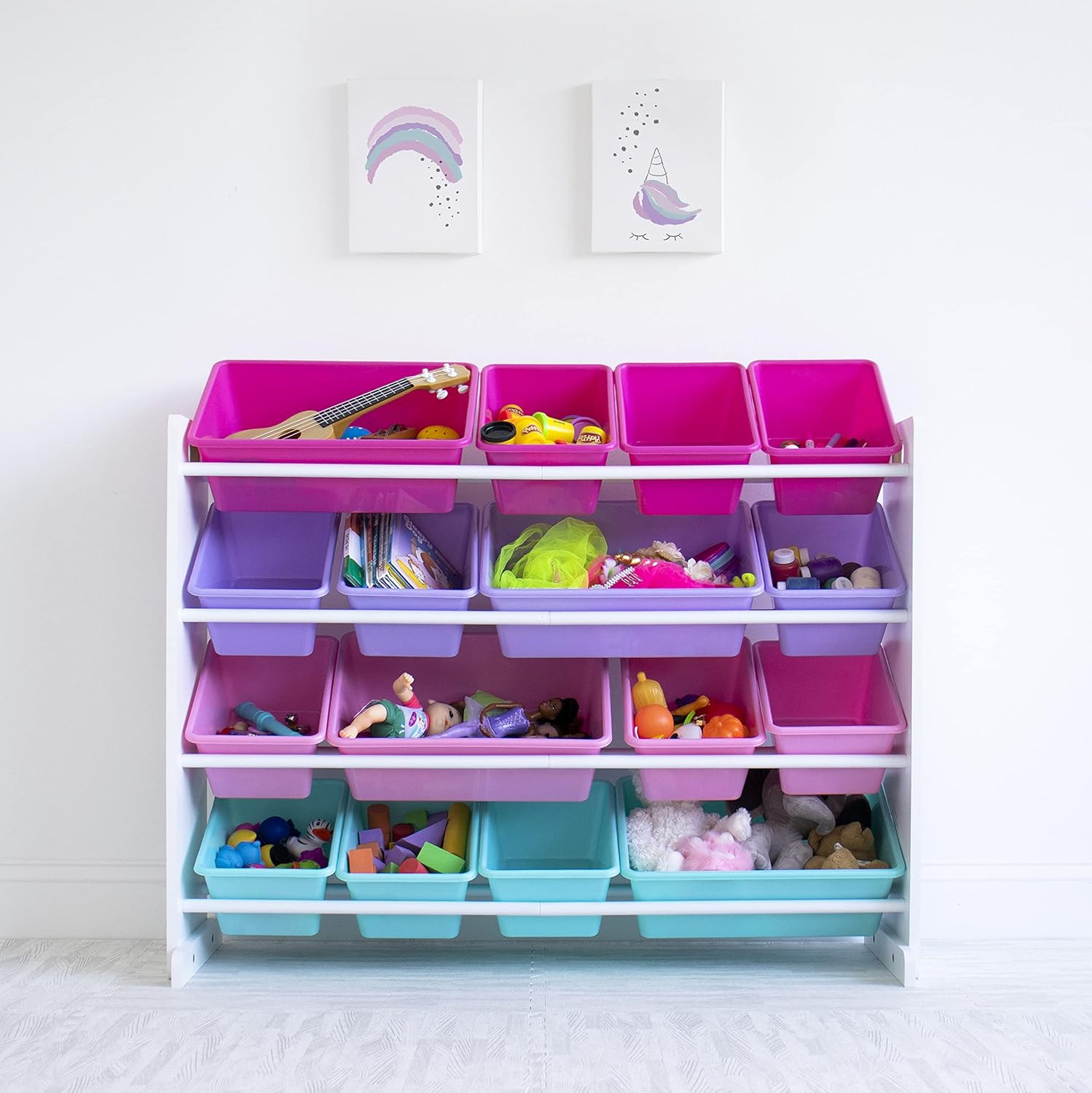 Toy Storage Organizer 16 Removable Bins, White/Blue/Pink/Purple, Bins for Kids