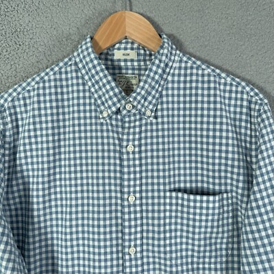 J Crew Shirt Mens Large Slim Blue Gingham Secret wash Stretch