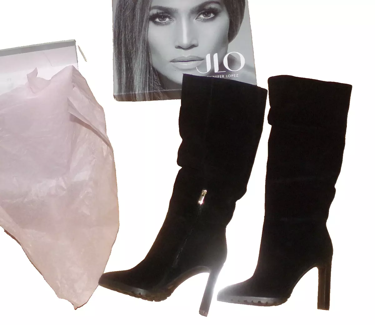 JLO Jennifer Lopez black suede leather Knee High lug sole OTK Boots 10 M NEW