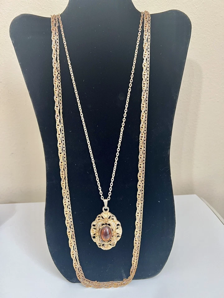 "Collar vintage renacentista 3 hilos marrón ámbar piedra oro tono cobre 17"""