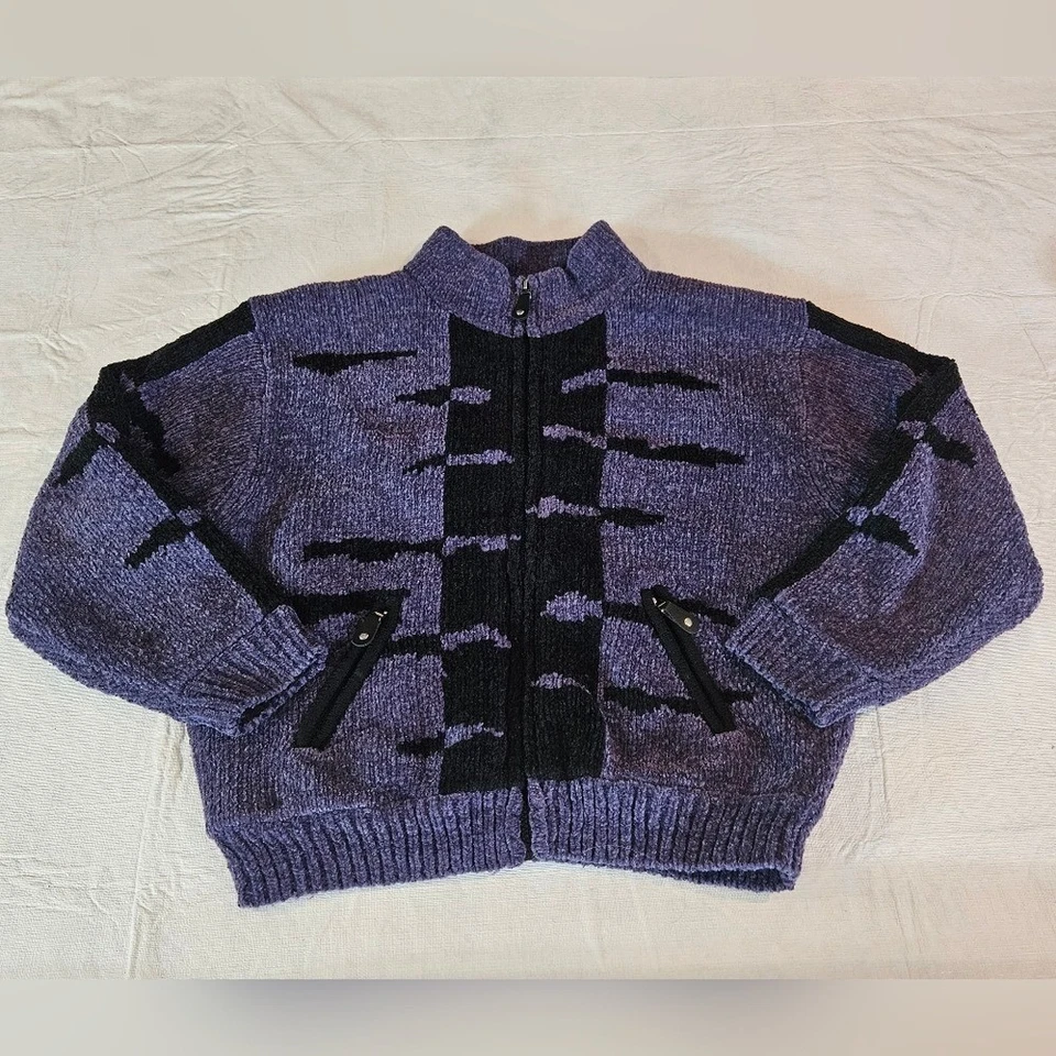 Jamie Sadock Púrpura Negro Geométrico Chenilla Cremallera Suéter Chaqueta Para Mujer Grande Foto 4 de 4