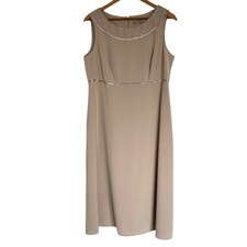 Maya Brooke Dress Women's Size 10 Beige Sleeveless Embellished Neckline Midi