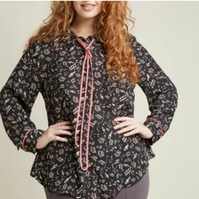 MODCLOTH Women's Music Notes Print Button Casual Career Everyday Top XL