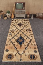 4x10,2 ft Turkish Vintage Rug, Runner Rug, Brown Blue Floral Wool Rug