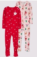 Nwt 2 Pair Carter's Girls Christmas Santa Reindeer Footed Pajamas Size 18 Months