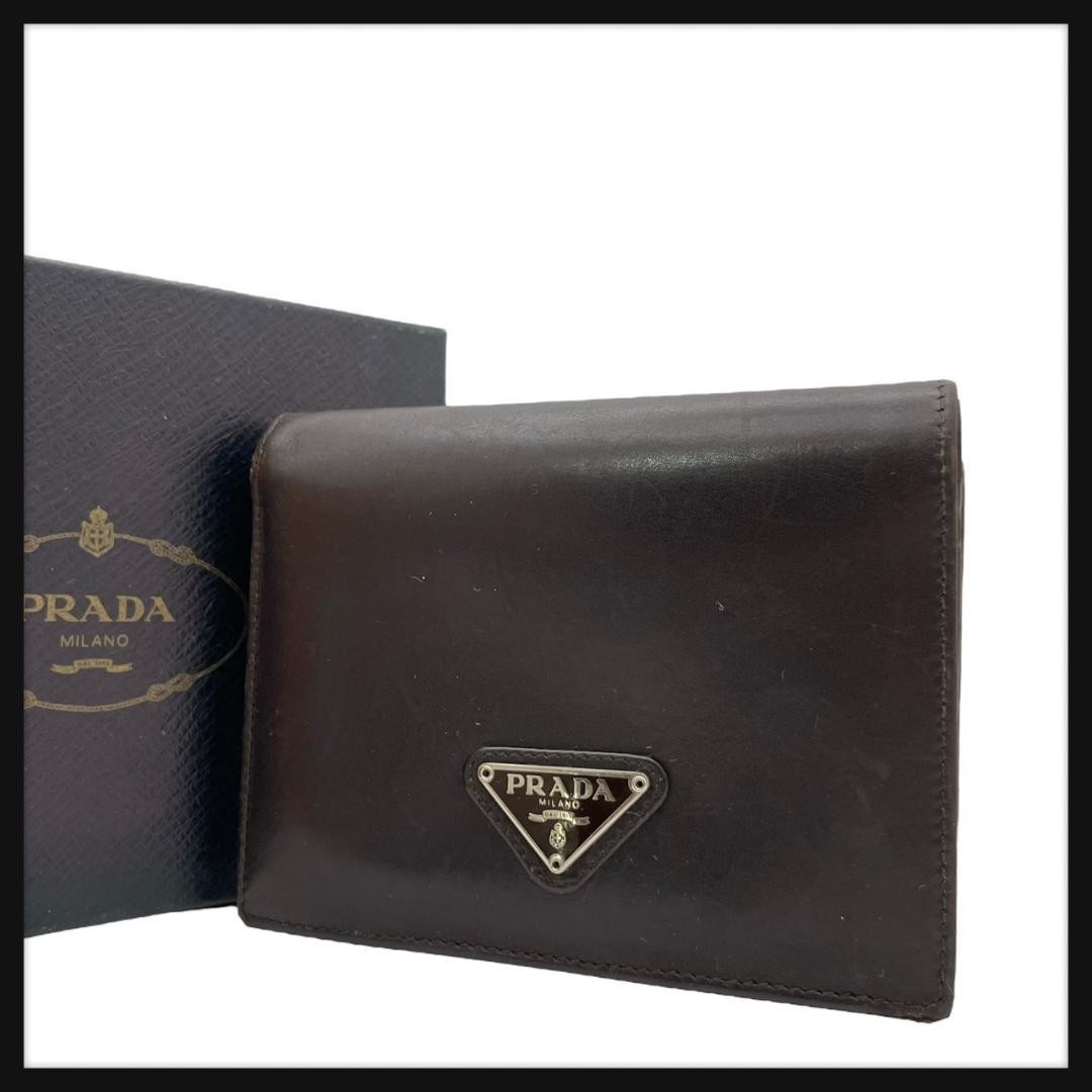 Prada Tri-Fold Wallet Dark Brown Leather Triangle Logo Authentic Men's Cardholde