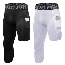 2 Pack 3/4 One Leg Compression Tights for Basketball Leg Sleeve Capri Athleti...