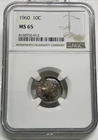 1960 Roosevelt Dime 10c NGC MS 65 Mint State Uncirculated Coin Nice Toning