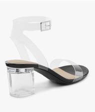 Toe Ankle Strap Low Block Chunky Heels Sandals in black and clear