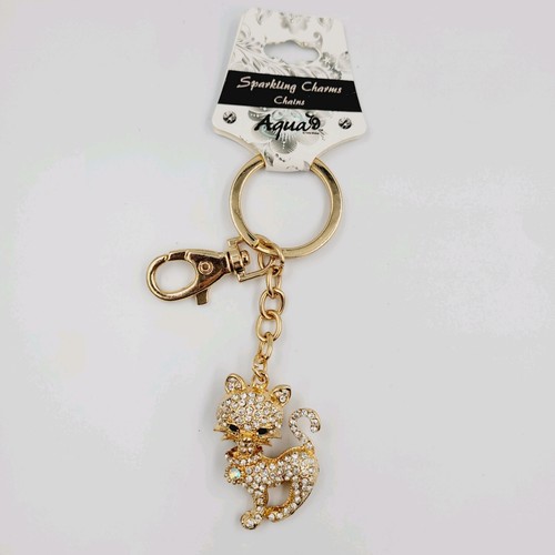Sparkling Charms Cat Kitty Gold Tone Keychain 4.5" Chains Aqua By Cota Global