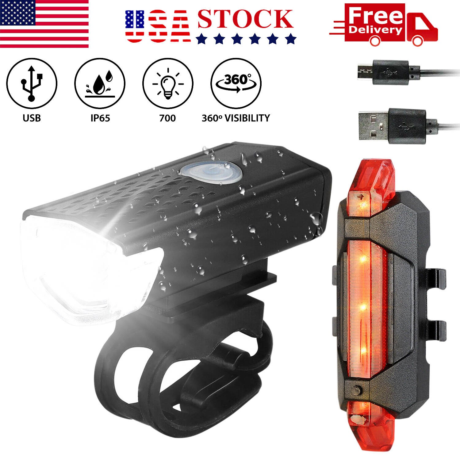 1 Sets USB Rechargeable LED Bicycle Headlight Bike Front Rea