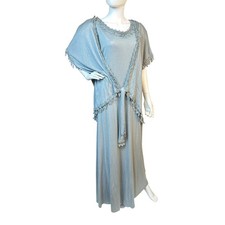 Vintage 90s Maxi Knit Dress & Fringed Shawl Set Linda Lundstrom Linen Blend KC