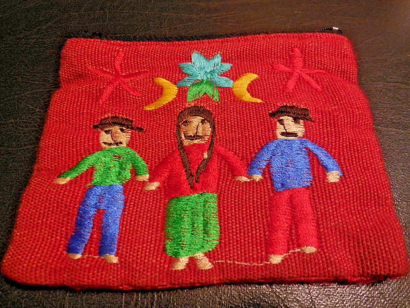 Guatemalan Hand Embroidered Zippered Pouch Bag w/ 3 Folk People; lined; 6" x 5"