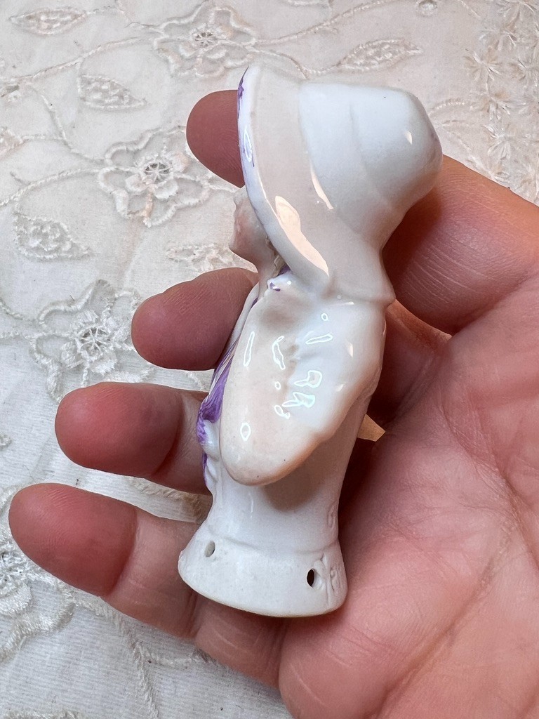 Vintage German Porcelain Pin Cushion Doll Purple Hat Half Doll Approx 2.25"H
