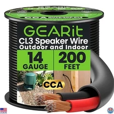 GearIT 200ft Outdoor Speaker Wire - 14 AWG CCA - Durable Black Hi-Fi Audio CL3