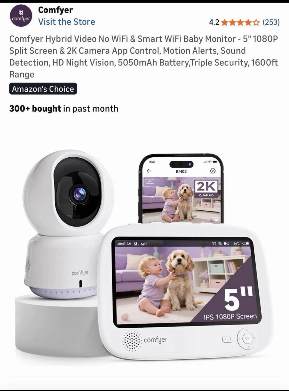 COMFYER Smart WiFi Baby Monitor 5" 1080P Split Screen &2K Camera App 160ft Range