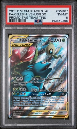 2019 POKEMON SM TAG TEAM TINS #SM167 FULL ART/CELEBI & VENUSAUR GX PSA 8